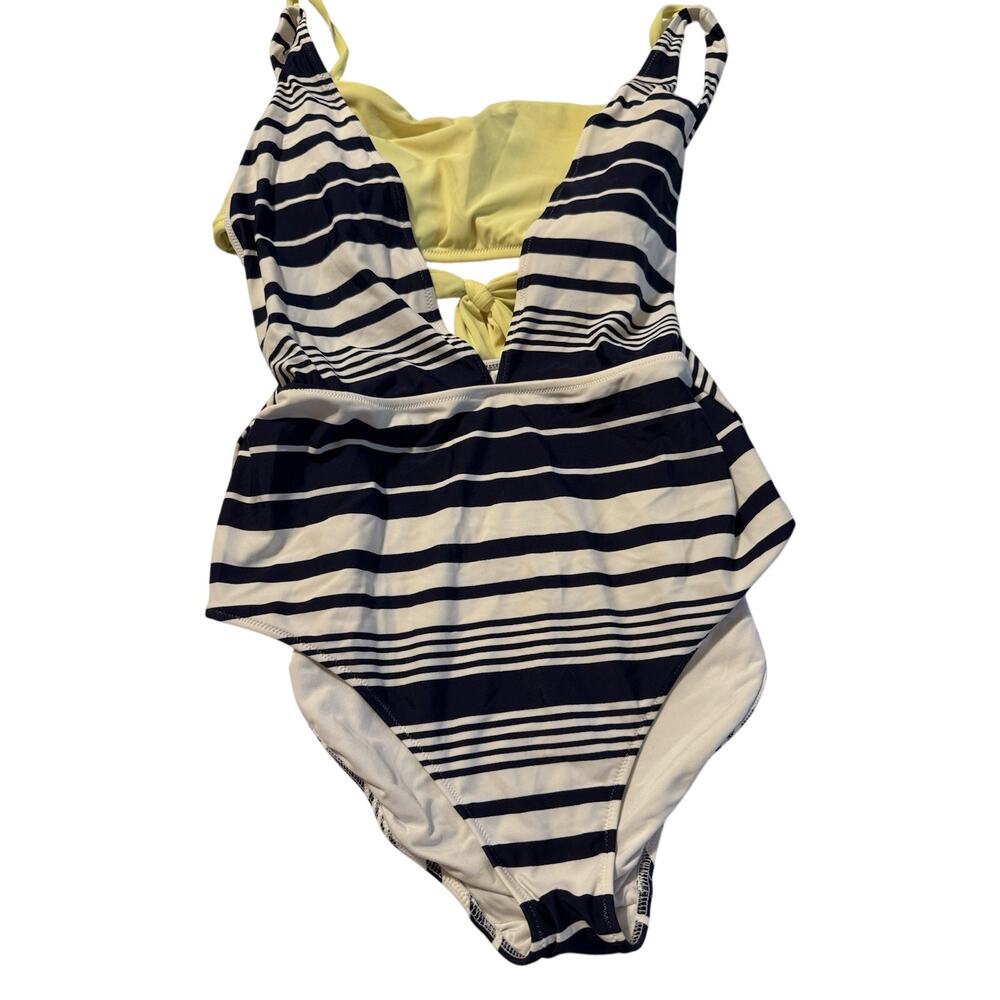 Aerie Women's One Piece Swimsuit navy striped With yellow Insert size l